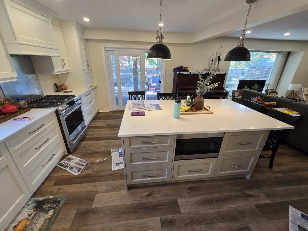 An image of a kitchen renovation focusing on an island.